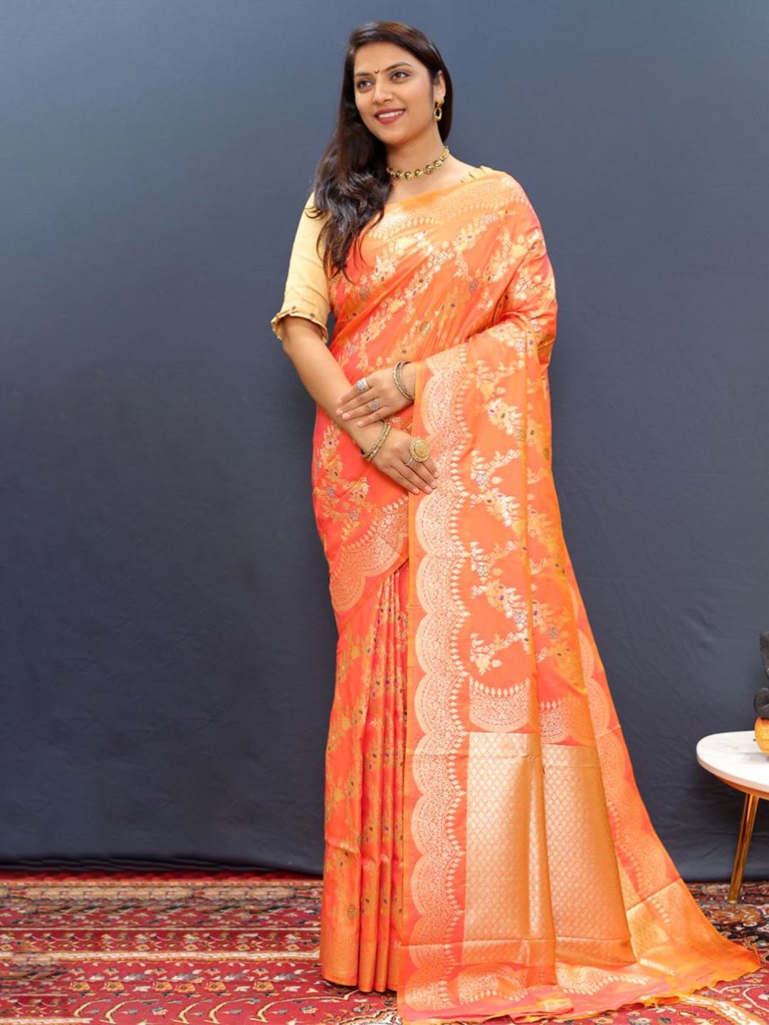 

amirat Ethnic Motifs Woven Design Zari Pure Silk Banarasi Saree, Orange