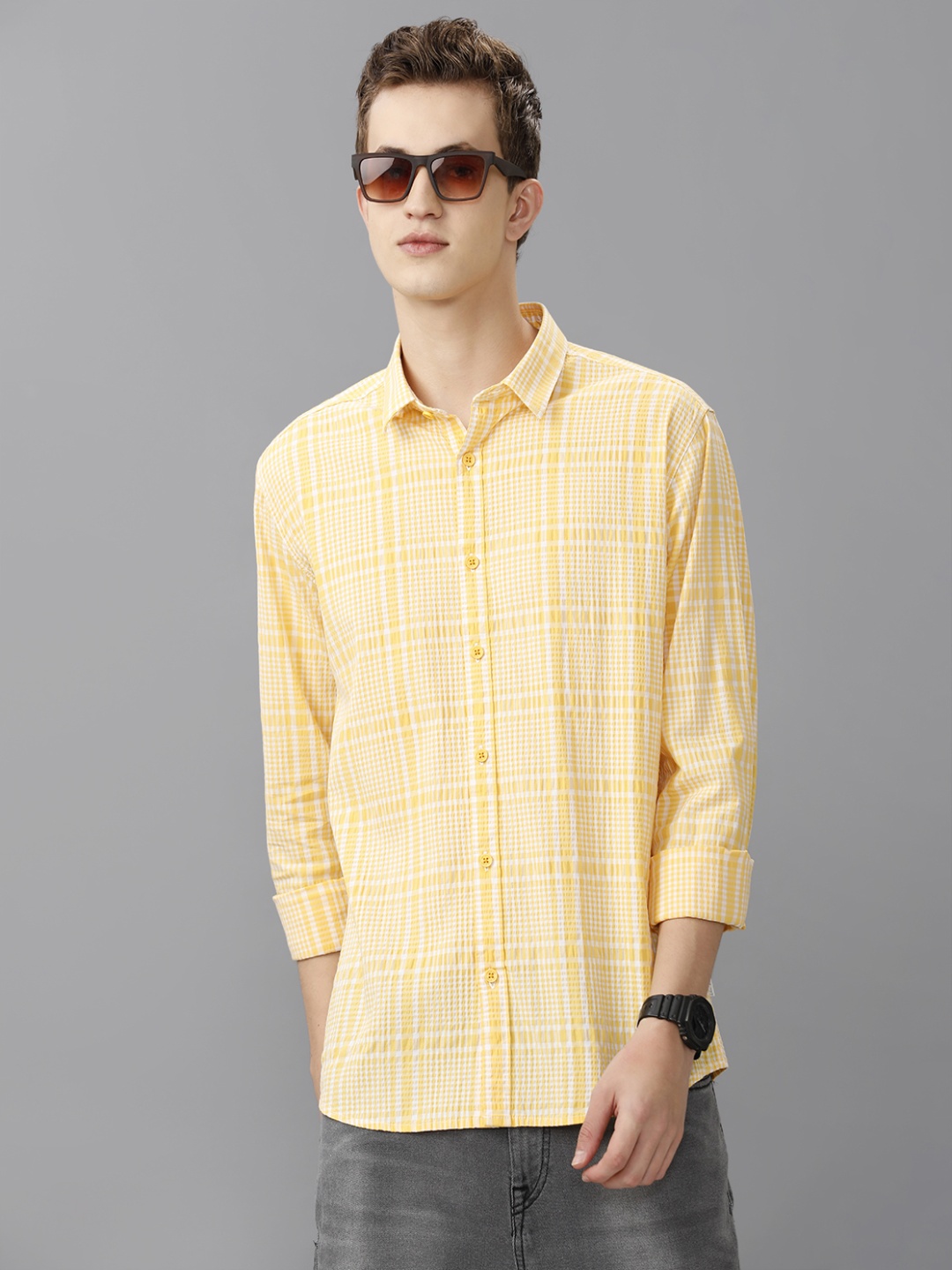 

Voi Jeans Men Relaxed Fit Spread Collar Checked Cotton Casual Shirt, Yellow