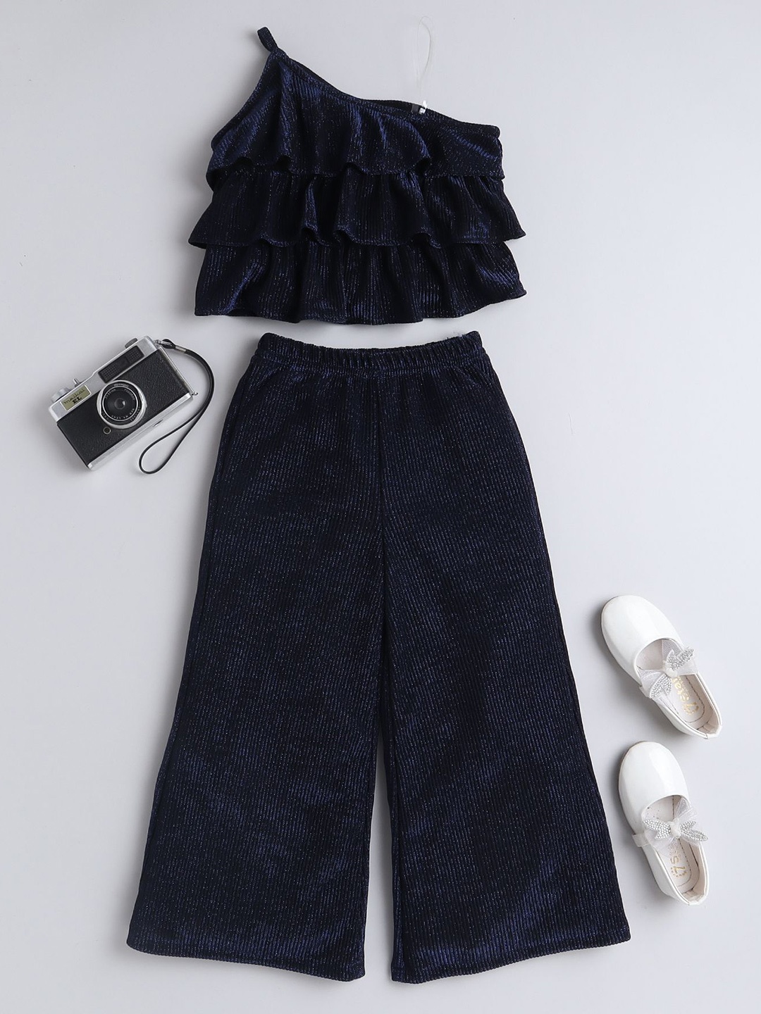 

taffykids Girls Embellished One Shoulder Top With Palazzo, Navy blue