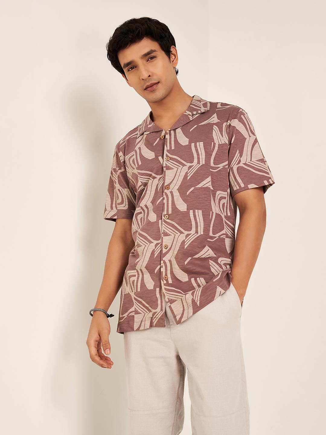 

7 Alt by Pantaloons Men Relaxed Fit Cuban Collar Abstract Printed Cotton Casual Shirt, Rust