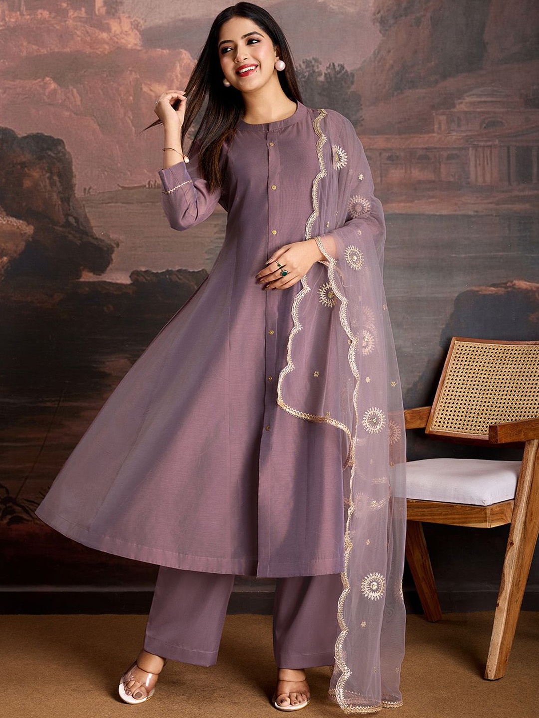 

House of Pataudi A-Line Kurta & Trousers With Embroidered Net Dupatta Set, Purple