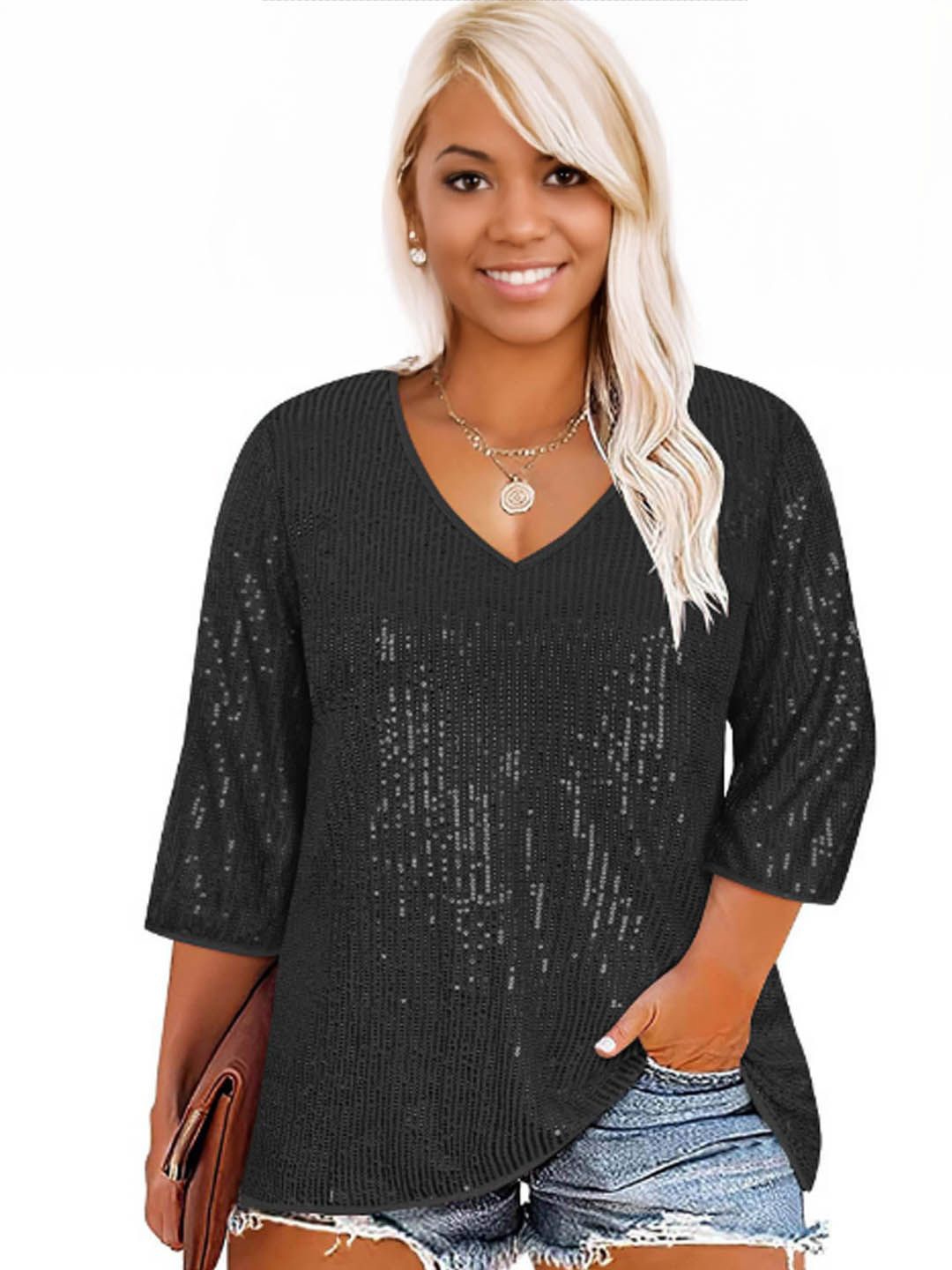 

StyleCast Women Embellished V-Neck Top, Black