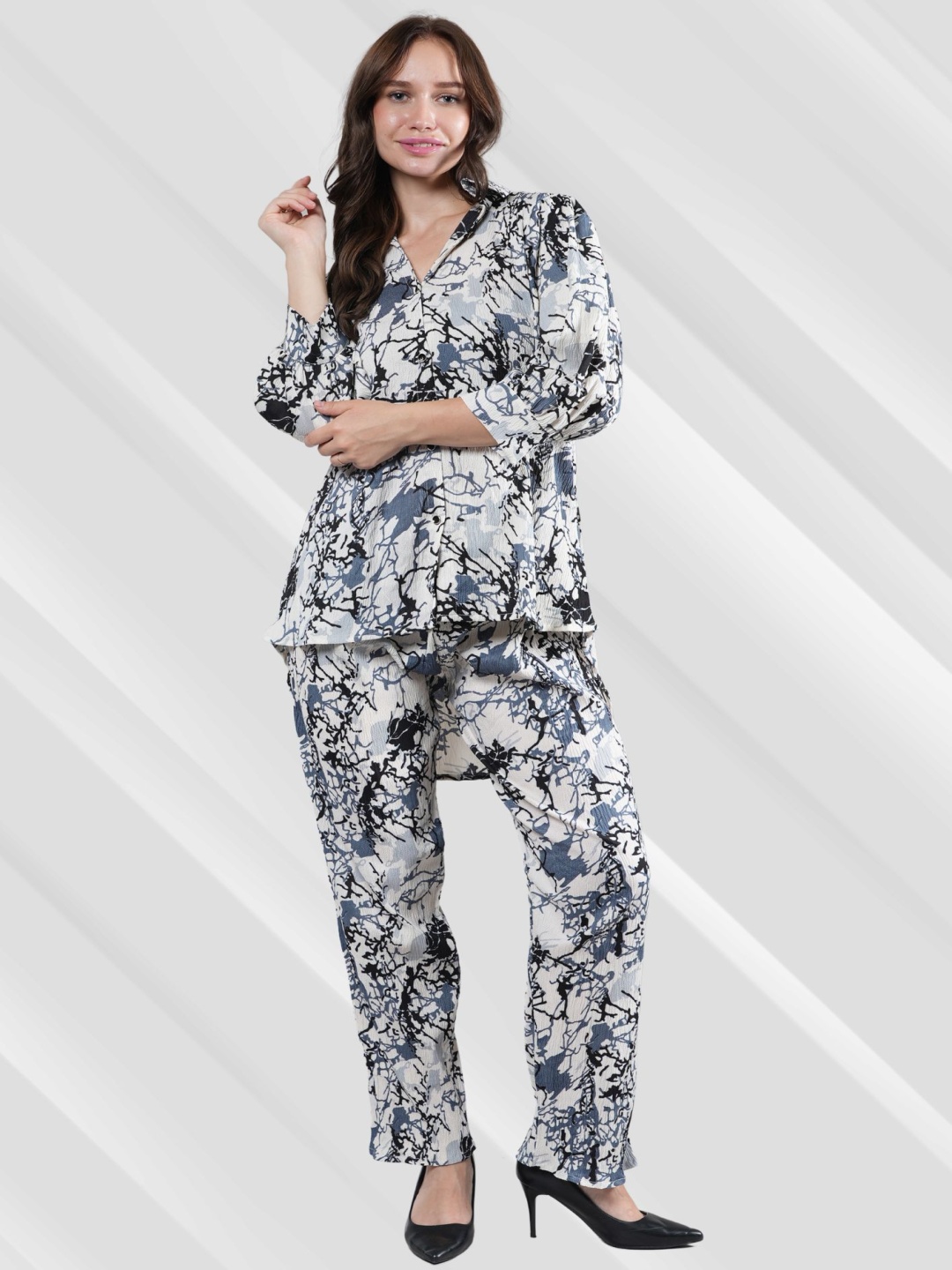 

NEYSA Abstract Printed Shirt Collar Shirt With Trousers, Black