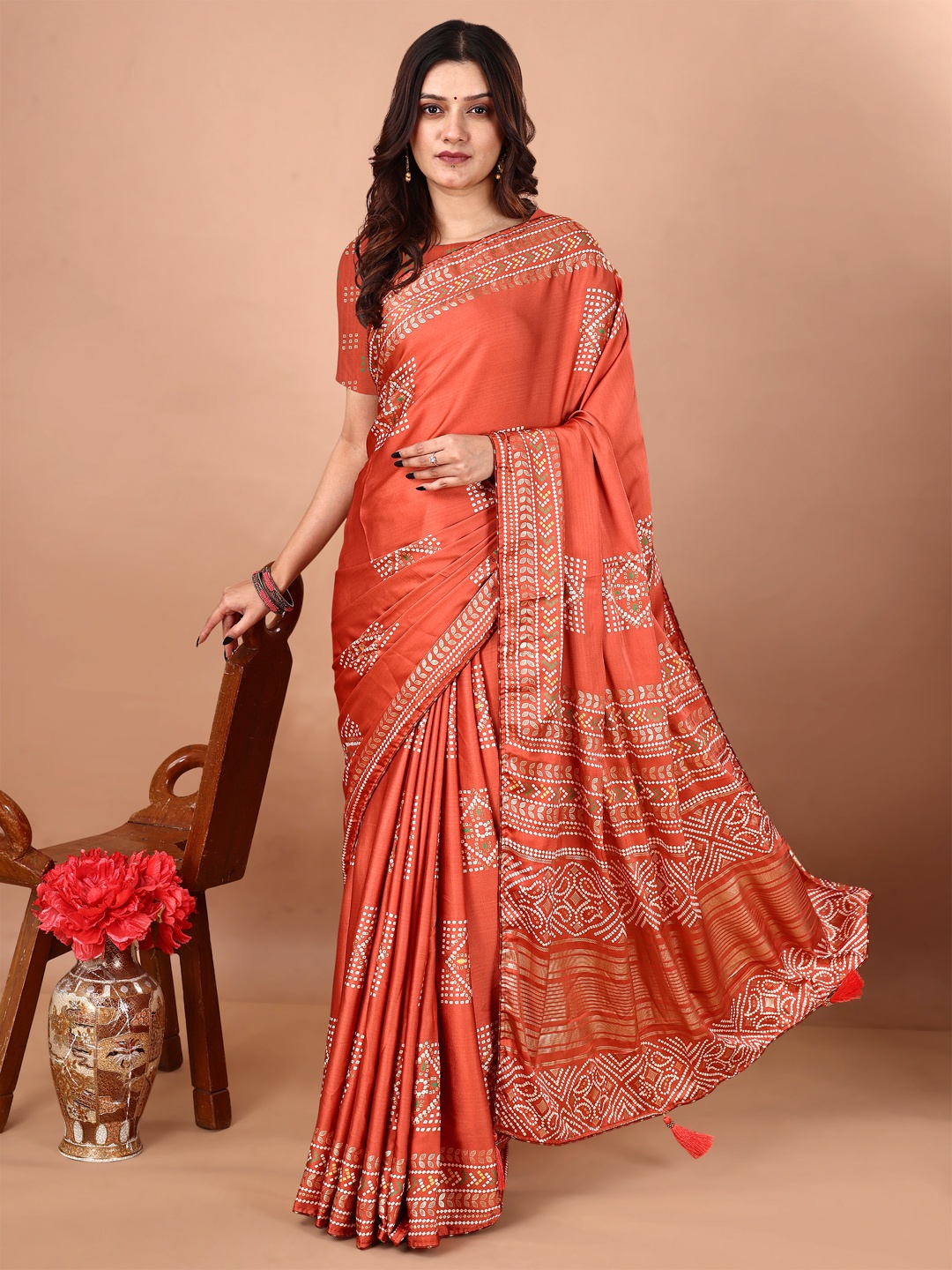 

Panzora Women Bandhani Saree With Unstitched Blouse Piece, Orange