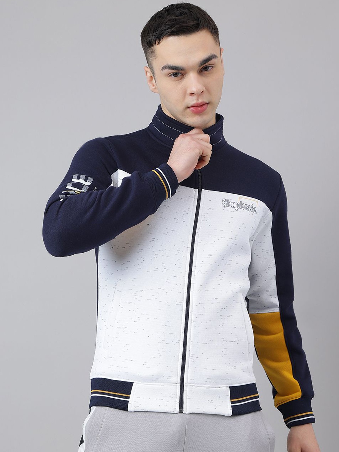 

Richlook Men Mock Collar Colourblocked Front-Open Sweatshirt, White