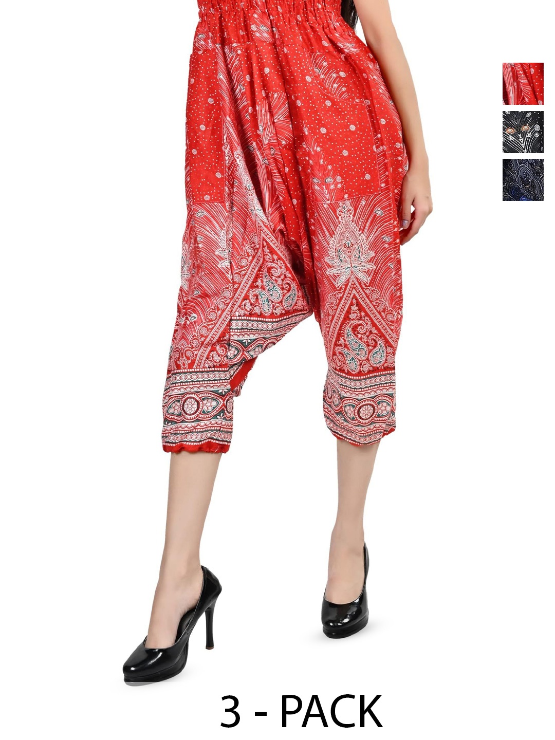 

NarNari Women Pack Of 3 Printed Harem Pants, Red