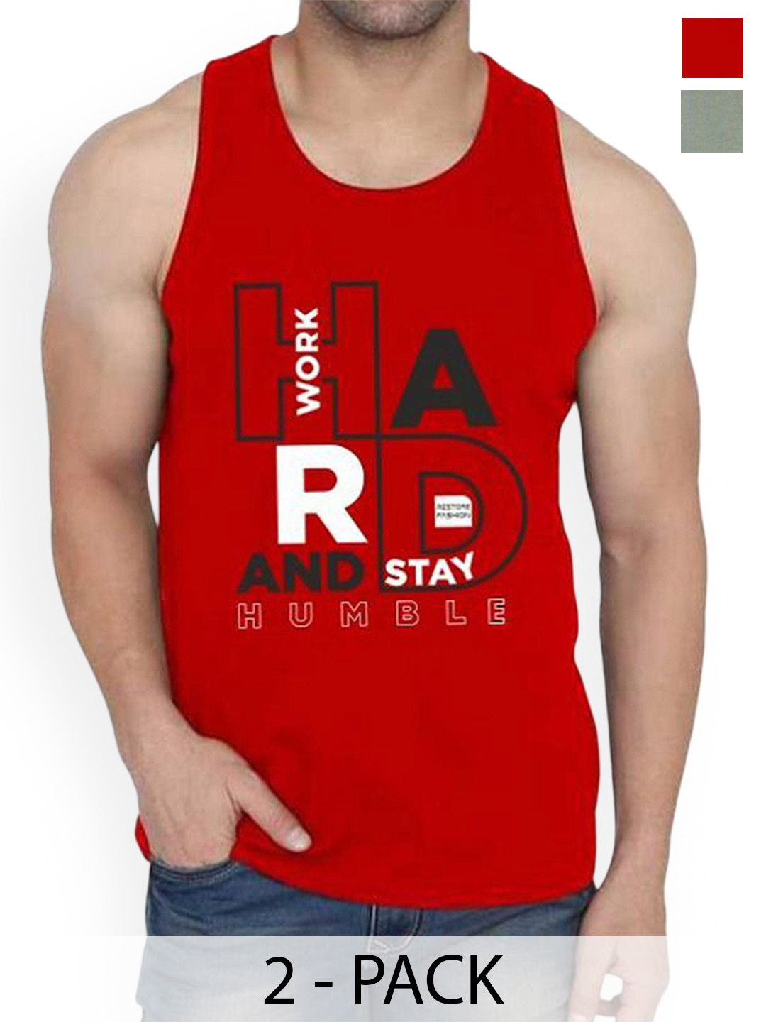 

WOOSTRO Men Pack of 2 Printed Cotton Innerwear Vests RS26 CMB (RUN LGTGREEN) (HARD RED), Green