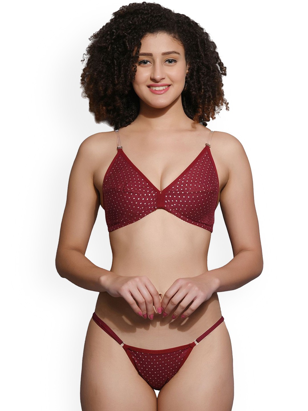 

chia fashions Cotton Polka Dot Printed Lingerie Set, Maroon