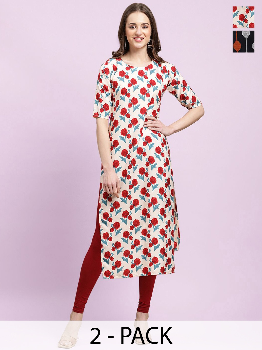 

Moda Rapido Selection of 2 Floral Printed Round Neck Straight Kurtas, White