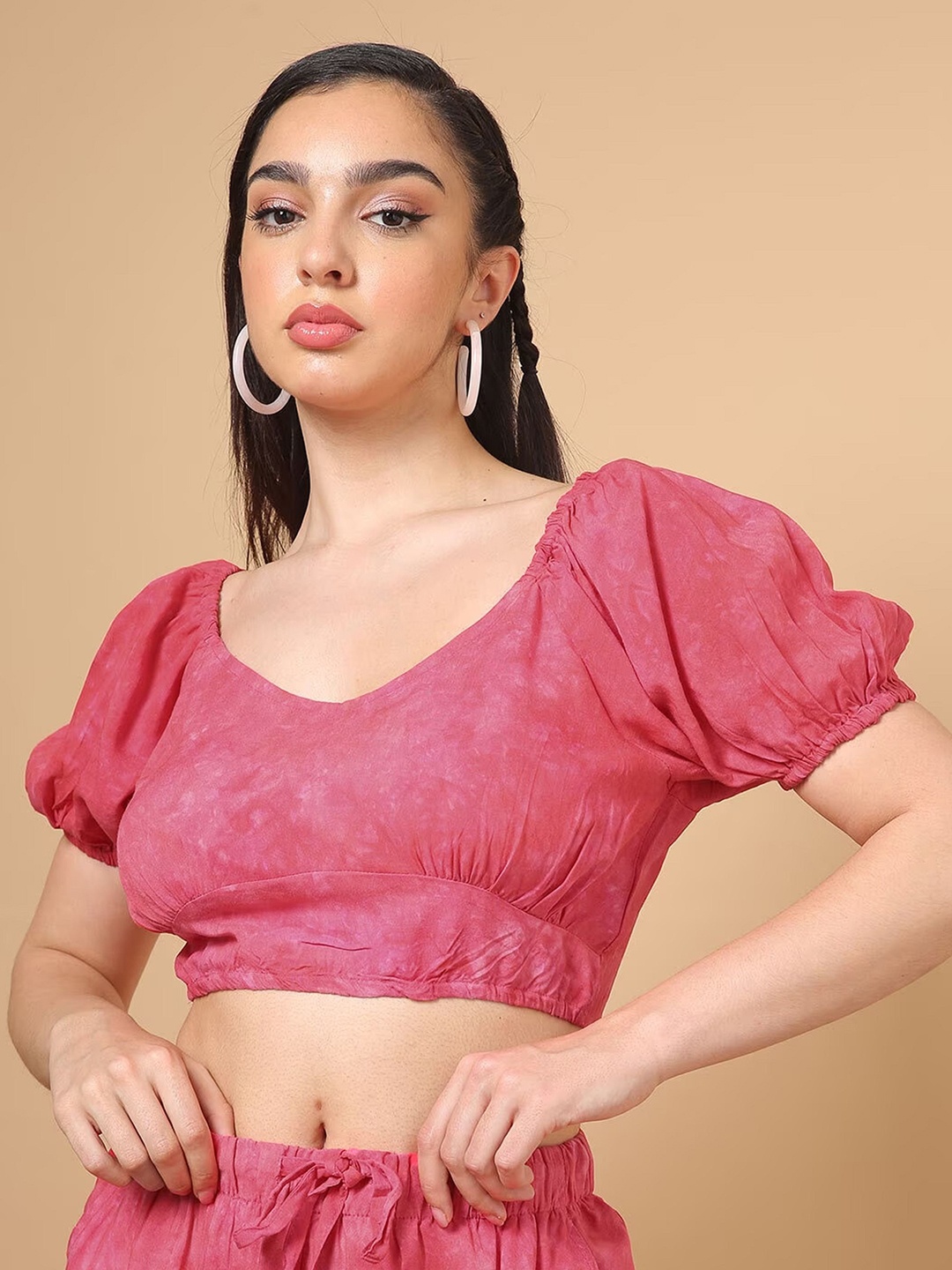 

SAKURA Print Puff Sleeve Liva Crop Top, Pink