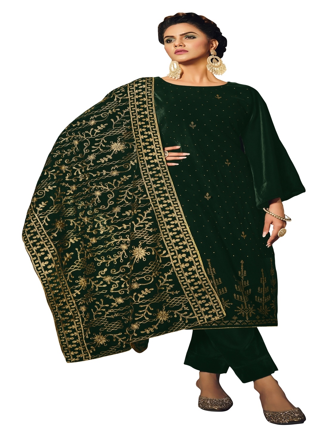 

DRAVINAM Trends Beads And Stones Velvet Unstitched Dress Material, Green