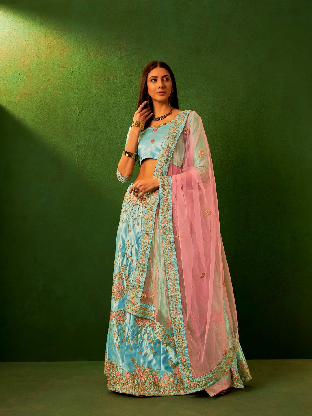 

DEVATITHI Embroidered Thread Work Satin Semi-Stitched Lehenga & Blouse With Dupatta, Blue