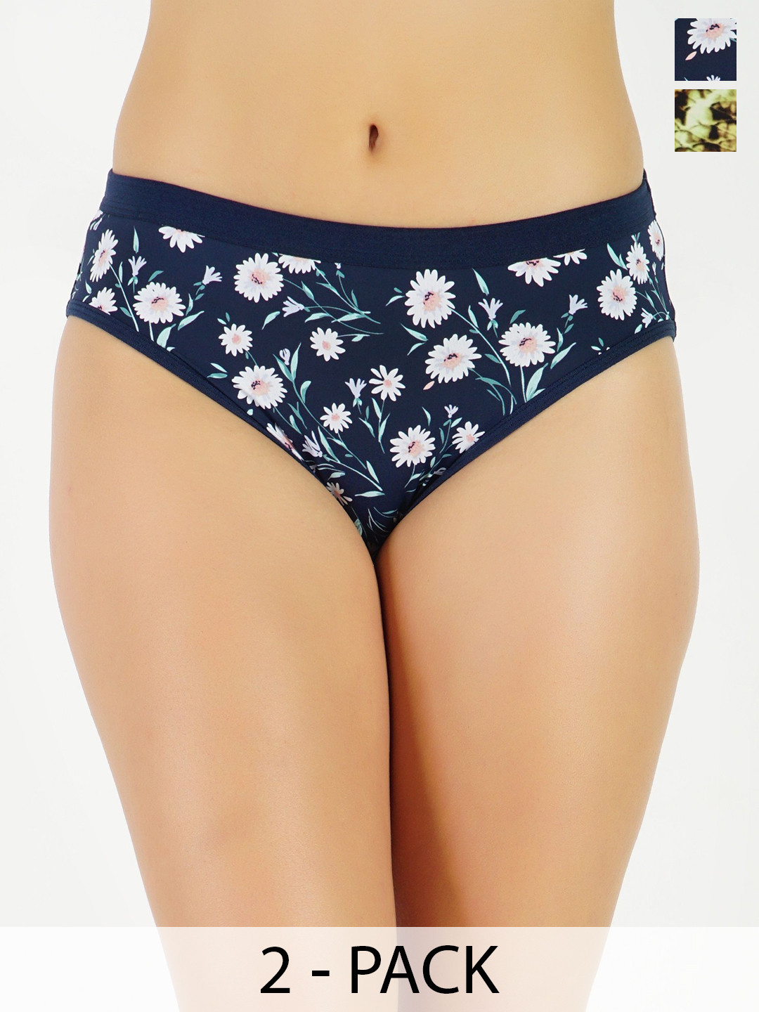 

GOTO Pack Of 2 Printed Mid Rise Bikini Briefs nylon lycraPrint outer elastic Blue Olive, Navy blue