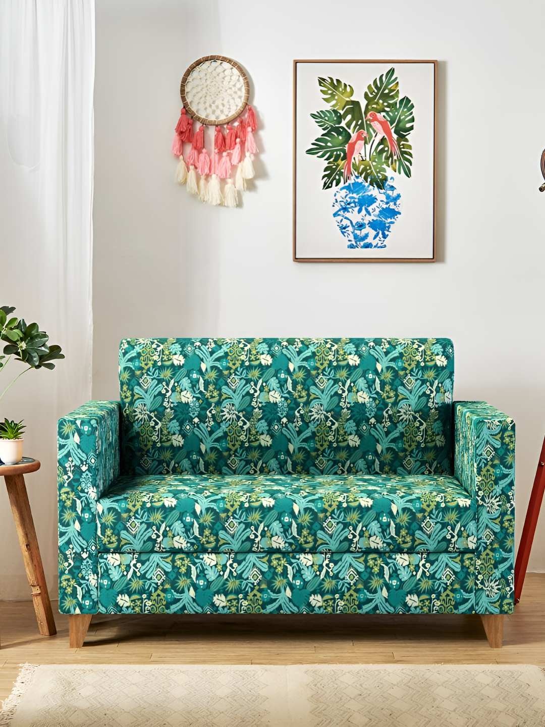 

Chumbak Modern Loveseat Tropical Ikkat Green Printed Two Seater Inflatable Sofa and Bed