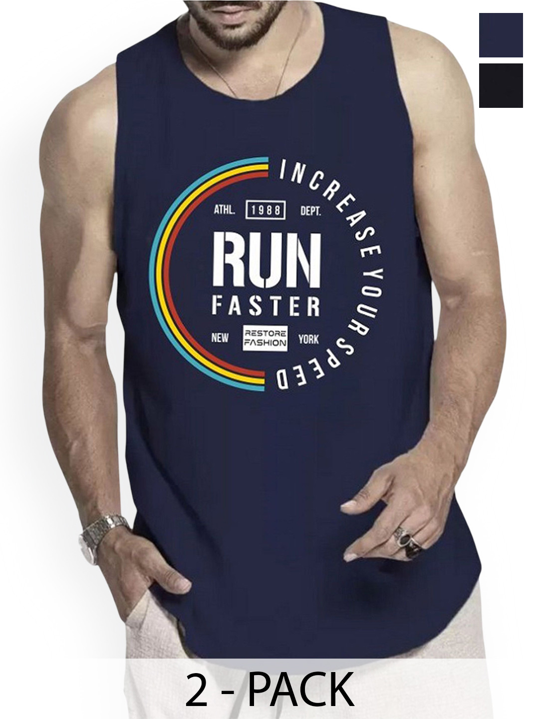

WOOSTRO Men Pack Of 2 Printed Innerwear Vests - RS26 CMB (RUN NAVY) (98 BLACK), Navy blue