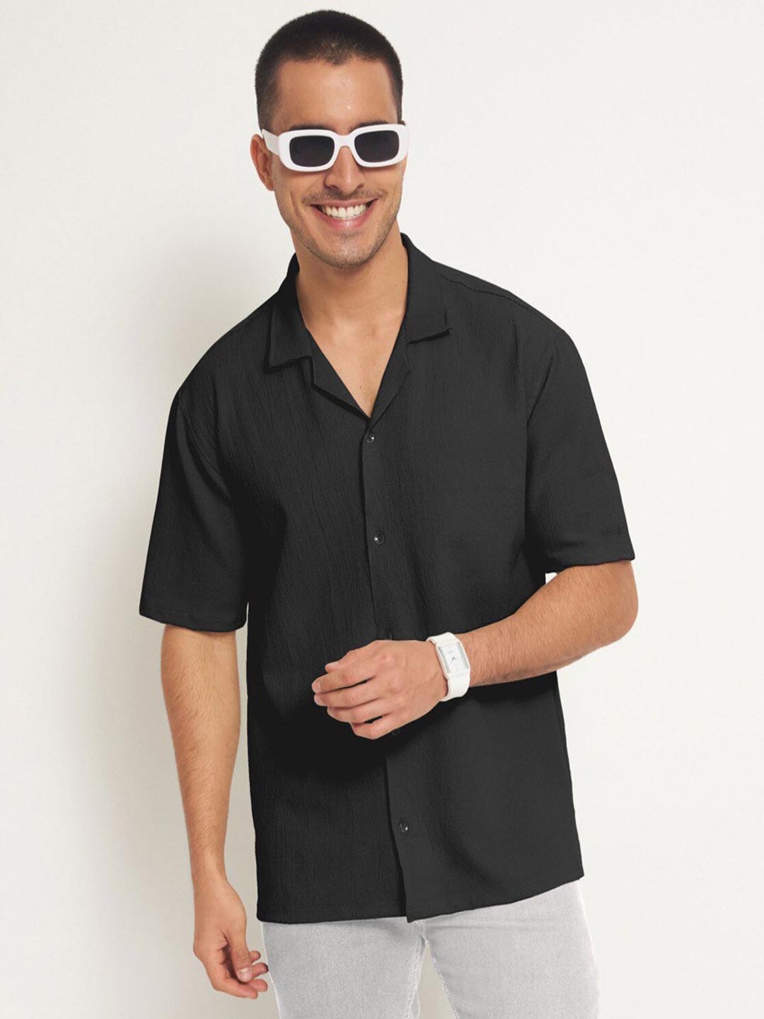 

Moda Rapido Men Relaxed Fit Cuban Collar Solid Casual Shirt, Black