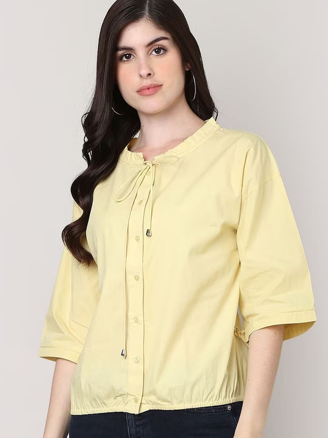 

SAKURA Tie-Up Neck Cotton Shirt Style Top, Cream