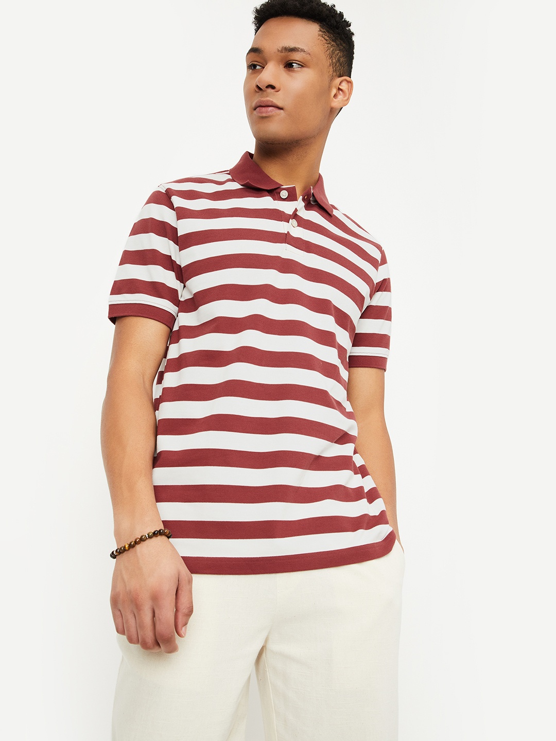 

max Men Striped Polo Collar T-shirt, White