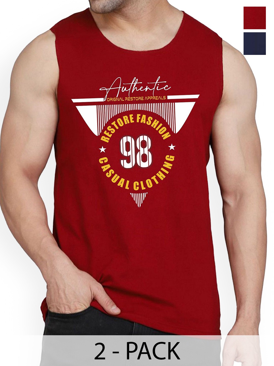 

WOOSTRO Men Pack Of 2 Printed Combed Cotton Gym Vest, Maroon