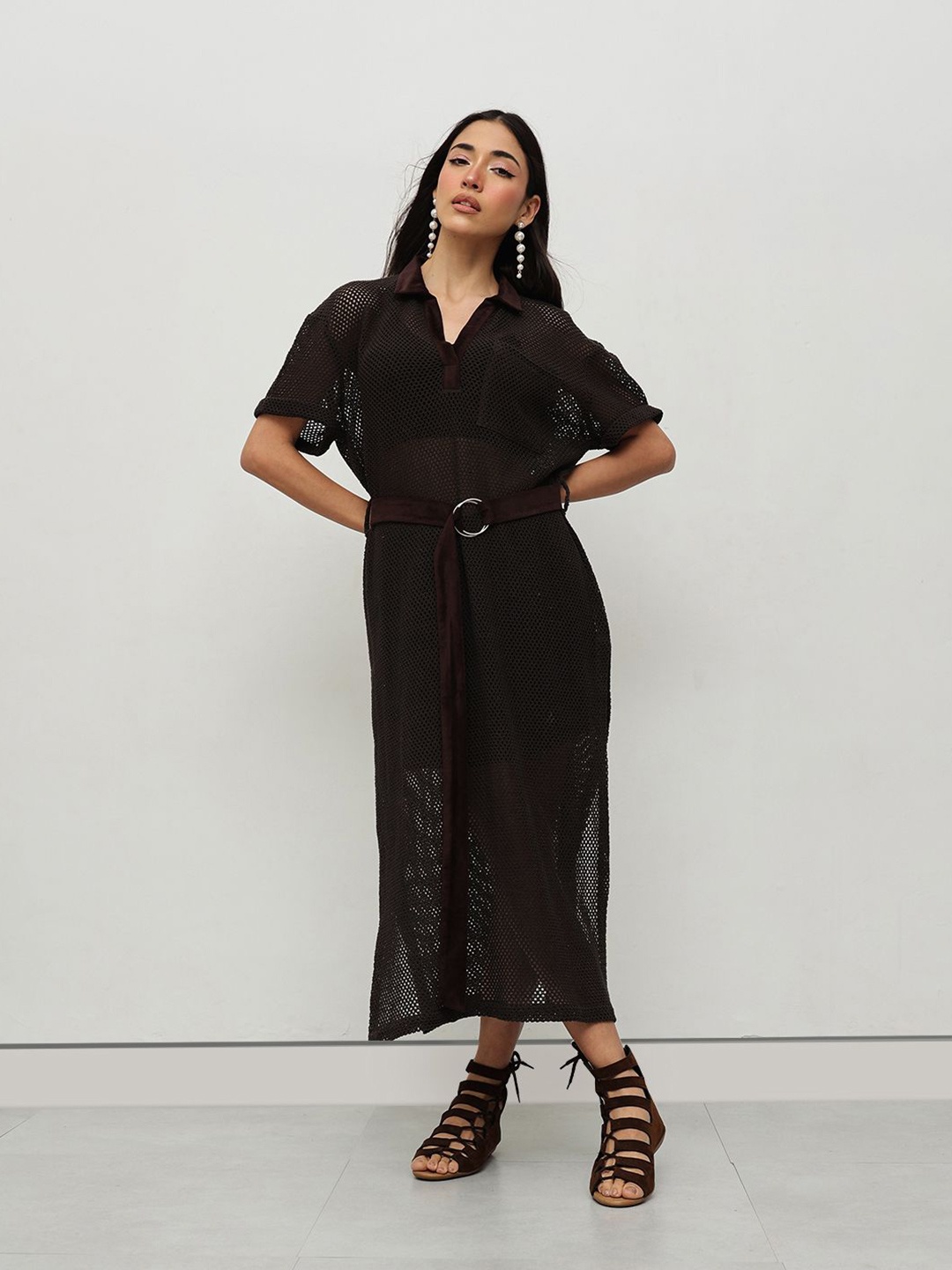 

HOUSE OF S Shirt Collar Short Sleeves Sheer A-Line Midi Dress Comes with a belt, Brown