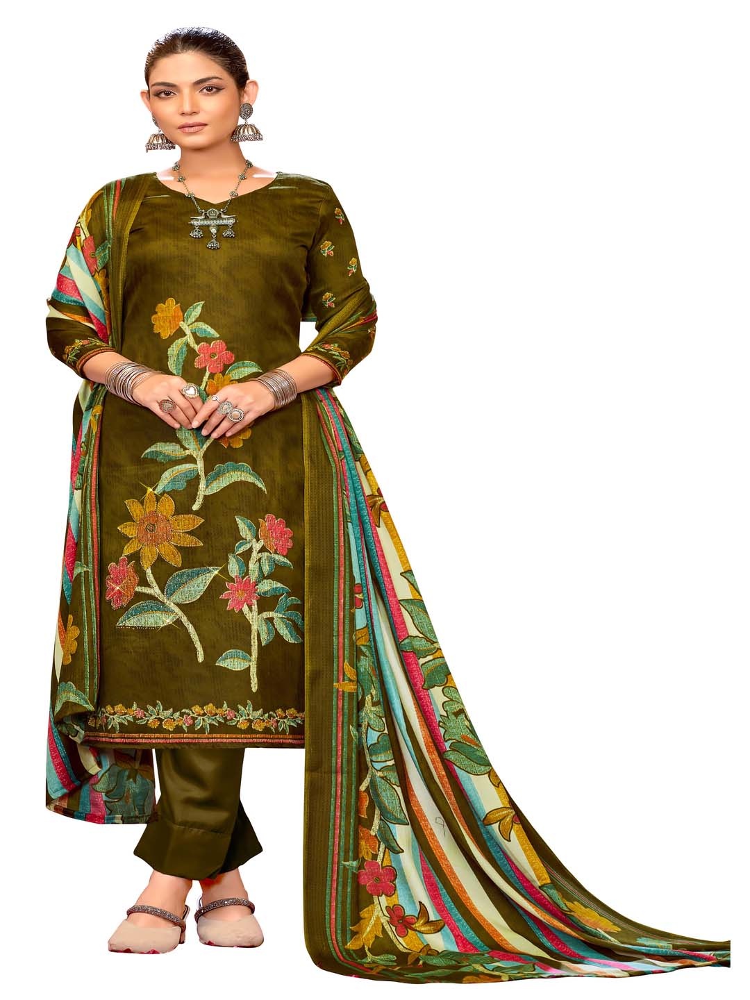 

DRAVINAM Trends Floral Printed Pashmina Unstitched Dress Material, Brown