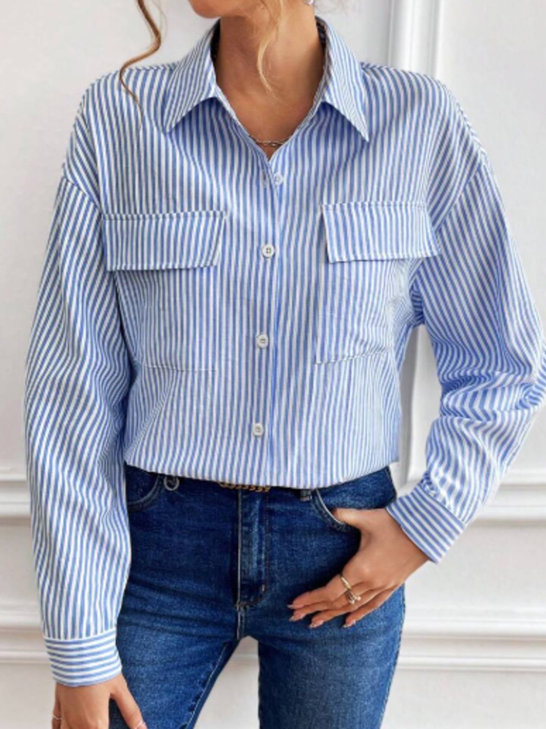 

Lahaba Women Comfort Fit Spread Collar Vertical Striped Cotton Casual Shirt, Blue