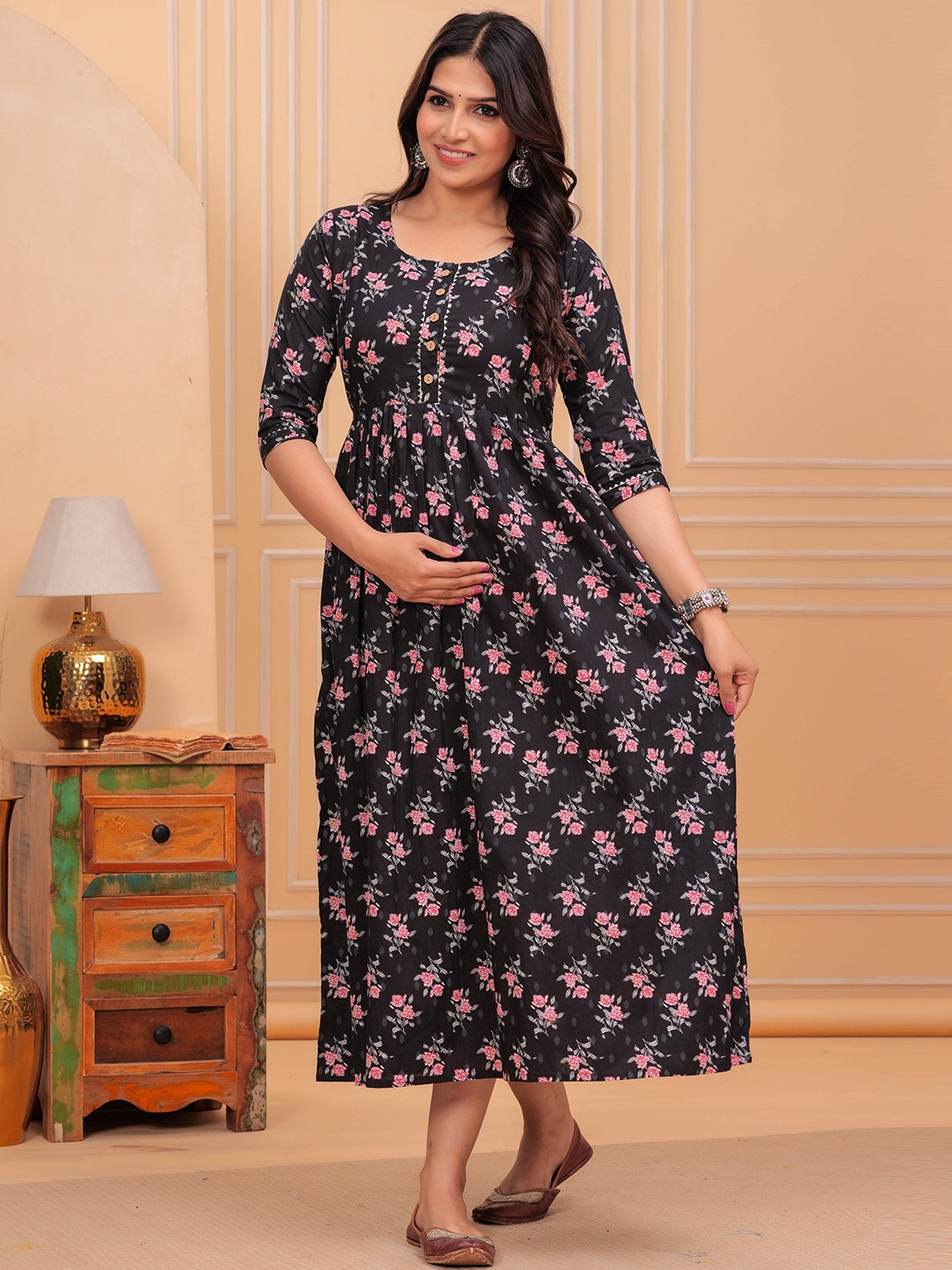 

FEMARY Women Floral Printed Maternity Cotton Fit and Flare Midi Dress, Black