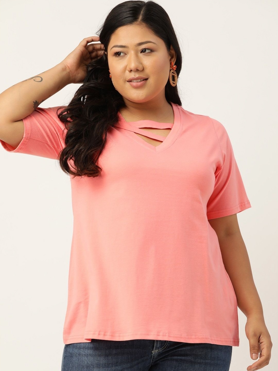 

theRebelinme Women Solid V-Neck Cotton T-shirt, Peach