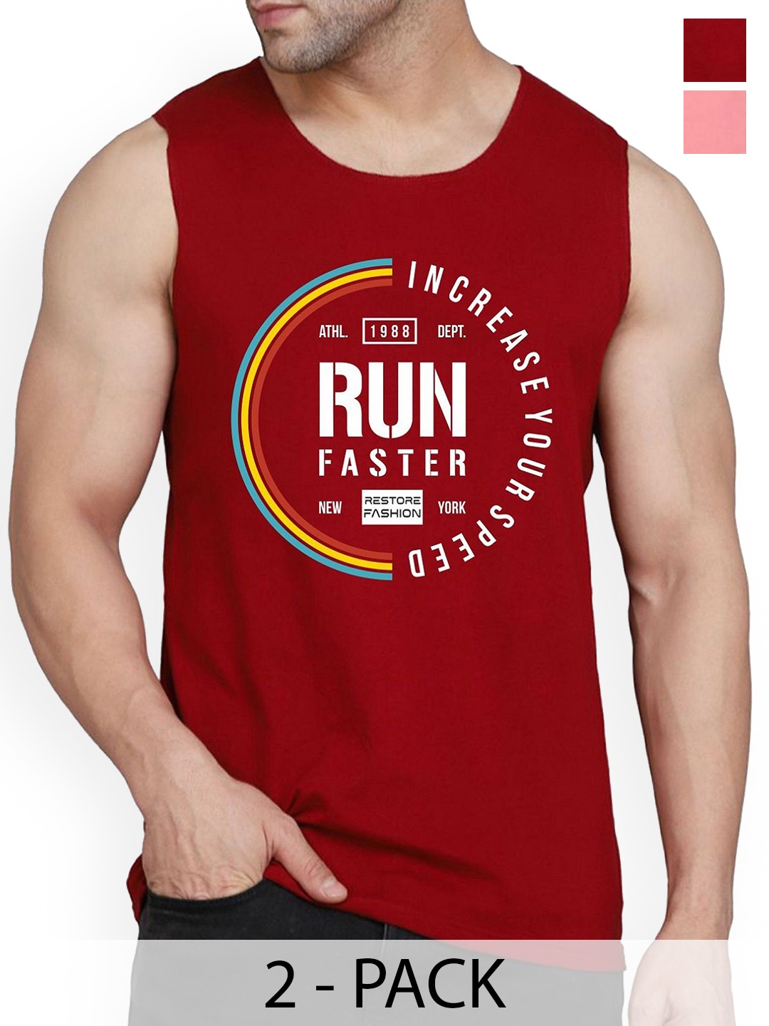 

WOOSTRO Men Pack Of 2 Cotton Printed Gym Vest, Maroon