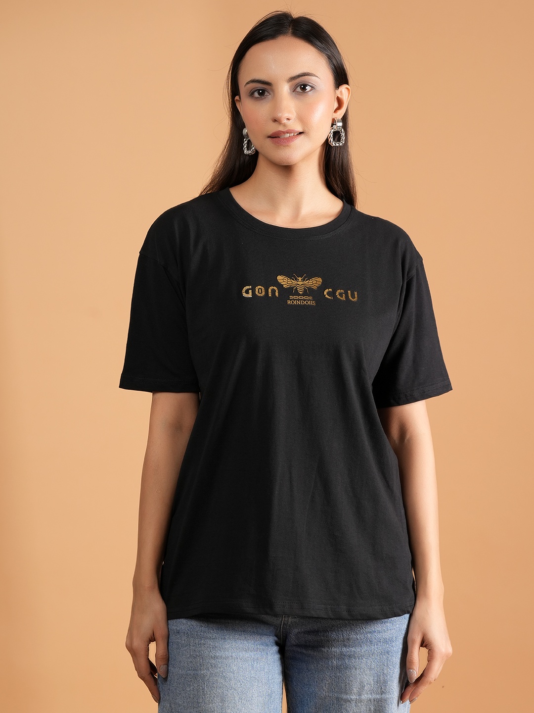

BAESD Women Typography Printed Round Neck Cotton Relaxed Fit T-shirt, Black