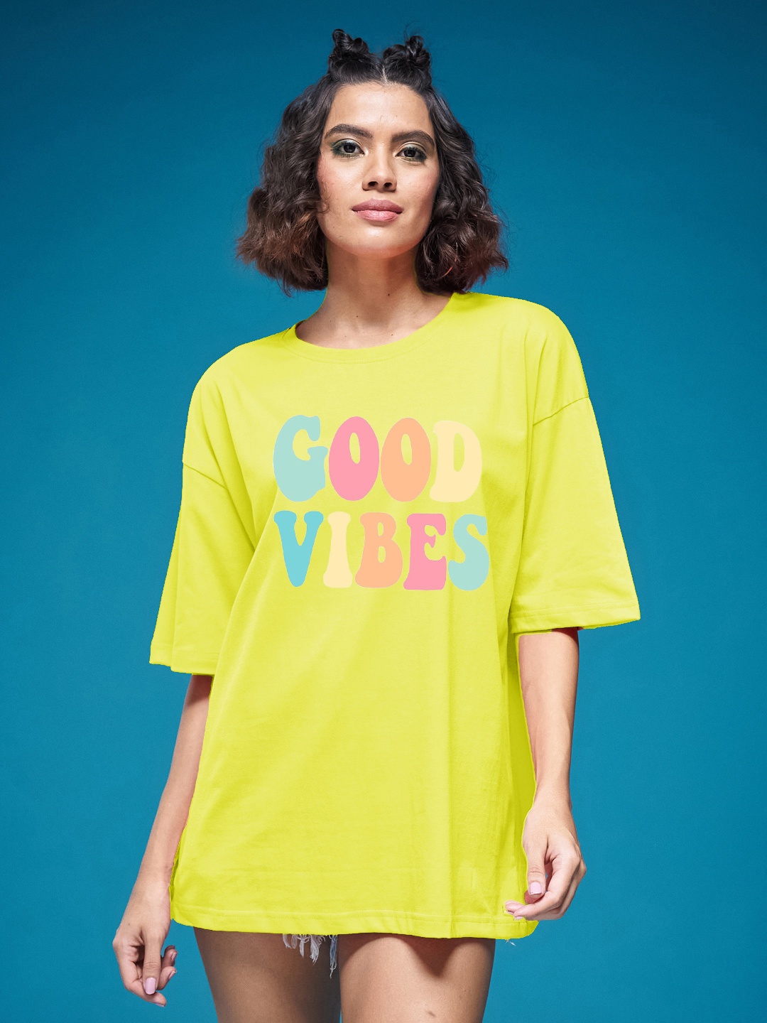 

SMARTEES Women Typography Printed Round Neck Cotton Oversized T-shirt, Yellow