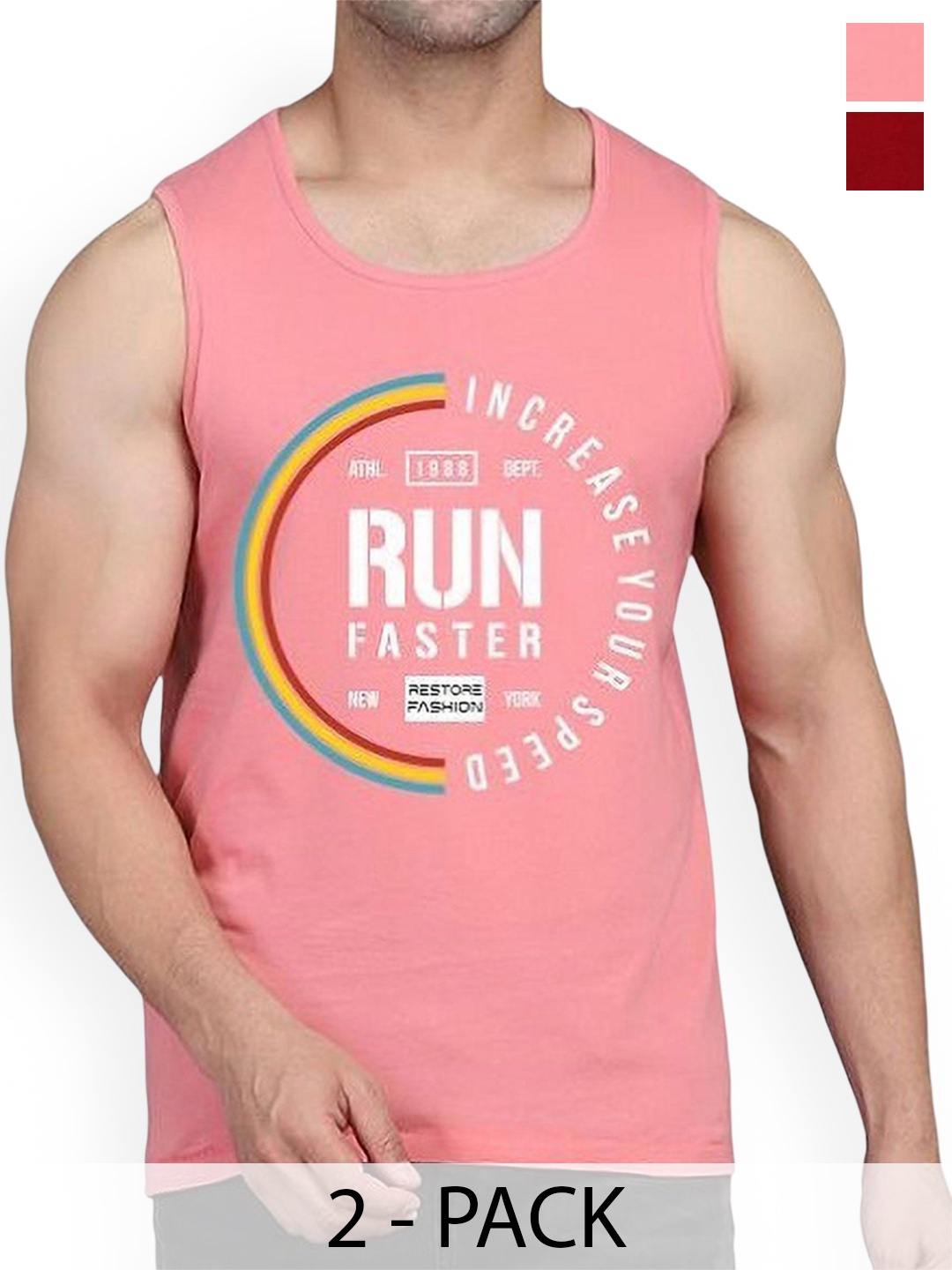

WOOSTRO Men Pack Of 2 Printed Cotton Gym Vests, Peach