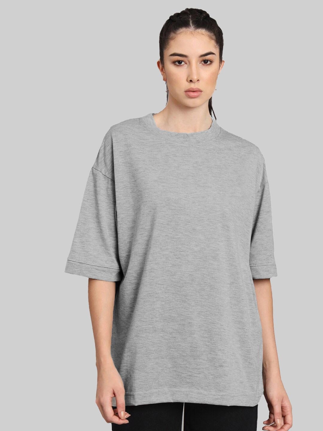 

Leotude Women Solid Round Neck Cotton Oversized T-shirt, Grey