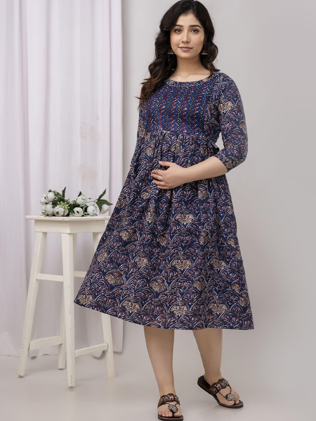 

UrbanRang Floral Print Maternity Fit & Flare Midi Dress, Navy blue