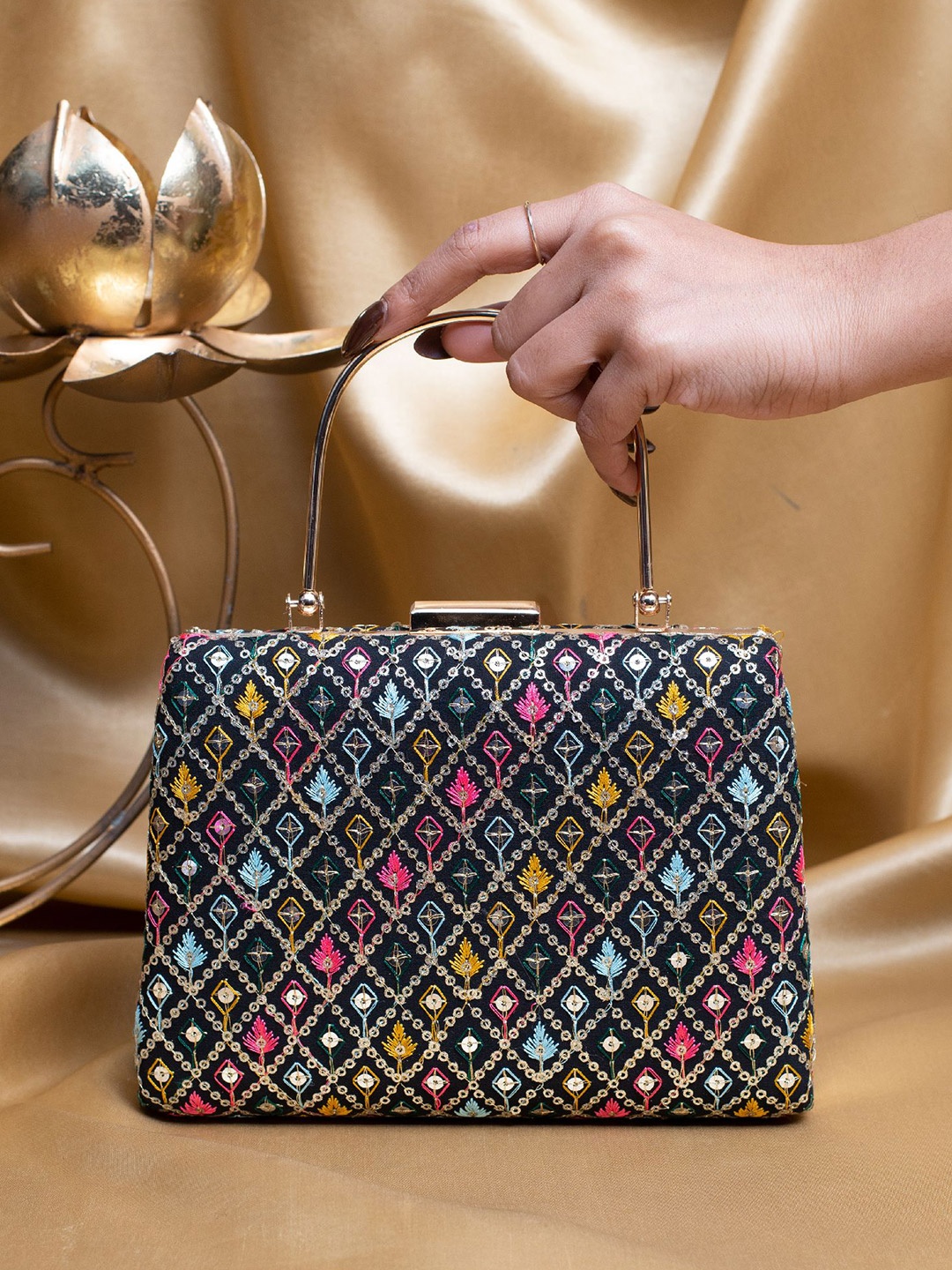 

ARTKLIM Floral Embroidered Thread Work And Sequinned Box Clutch, Black
