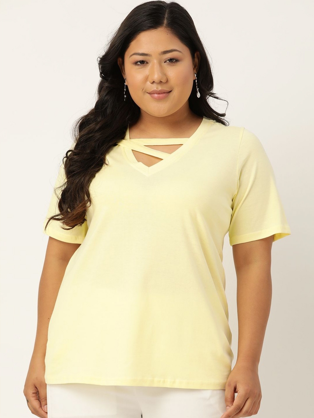 

theRebelinme Women Solid V-Neck Cotton T-shirt, Yellow