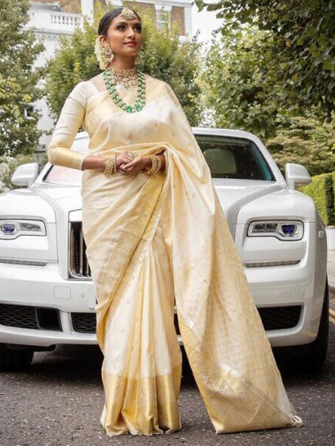 

bansari textiles Woven Design Zari Banarasi Saree, Beige