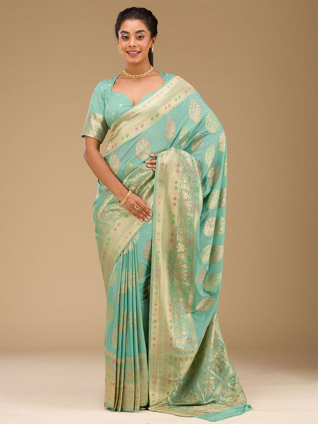 

Koskii Pista Green Zari Work Art Silk Saree
