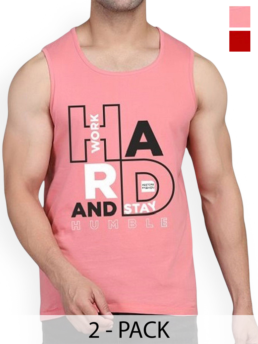 

WOOSTRO Men Pack Of 2 Printed Round Neck Cotton Gym Vests, Red