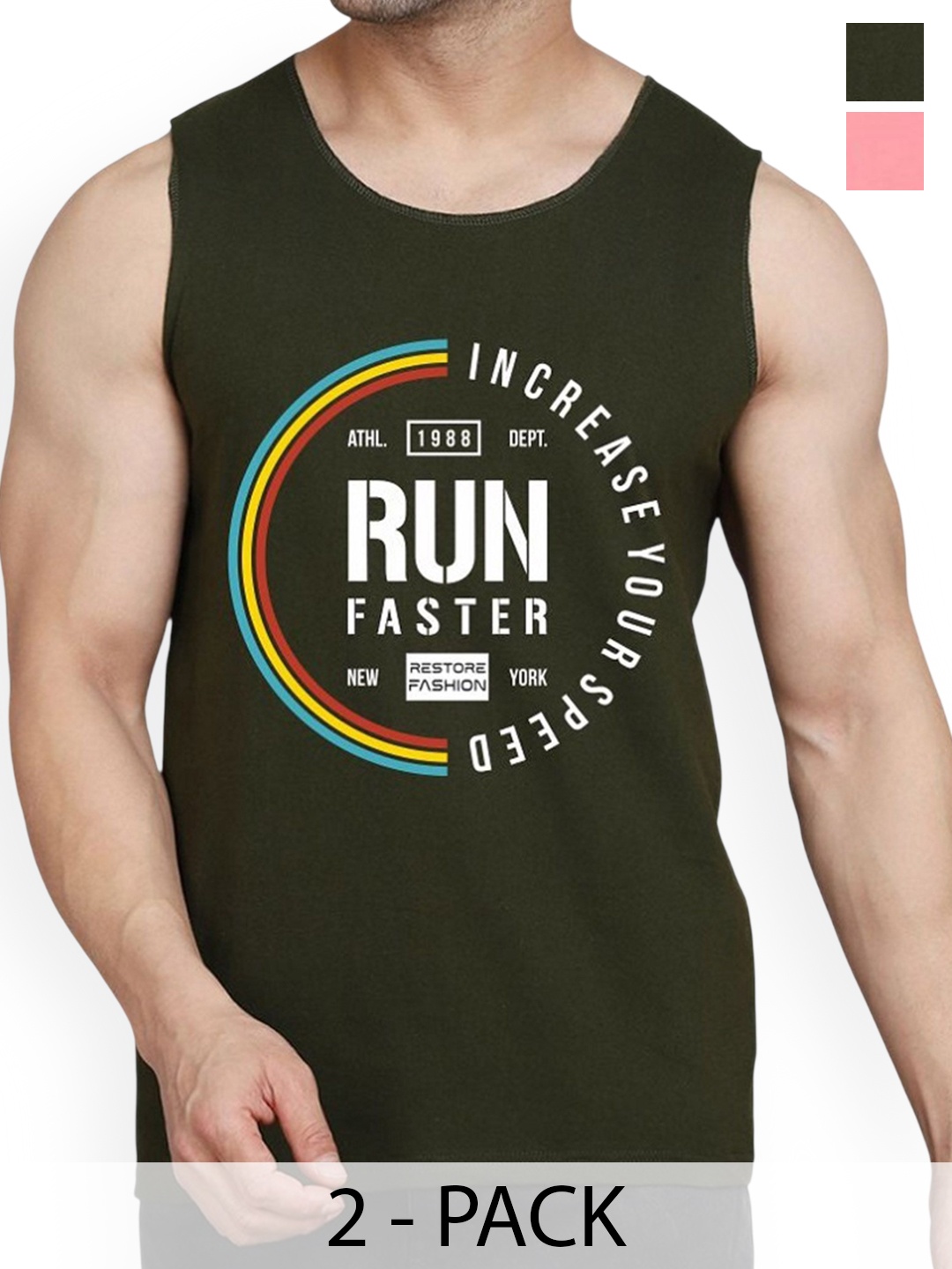 

WOOSTRO Pack Of 2 Printed Combed Cotton Gym Vest RS26 CMB (HARD PEACH) (RUN OLIVE)