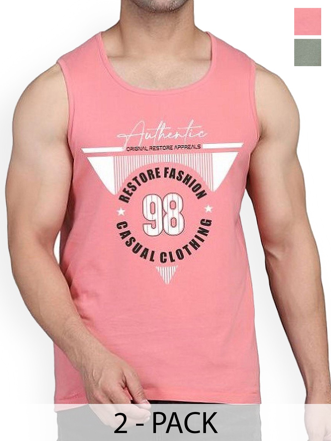 

WOOSTRO Men Pack Of 2 Printed Combed Cotton Gym Vest, Peach