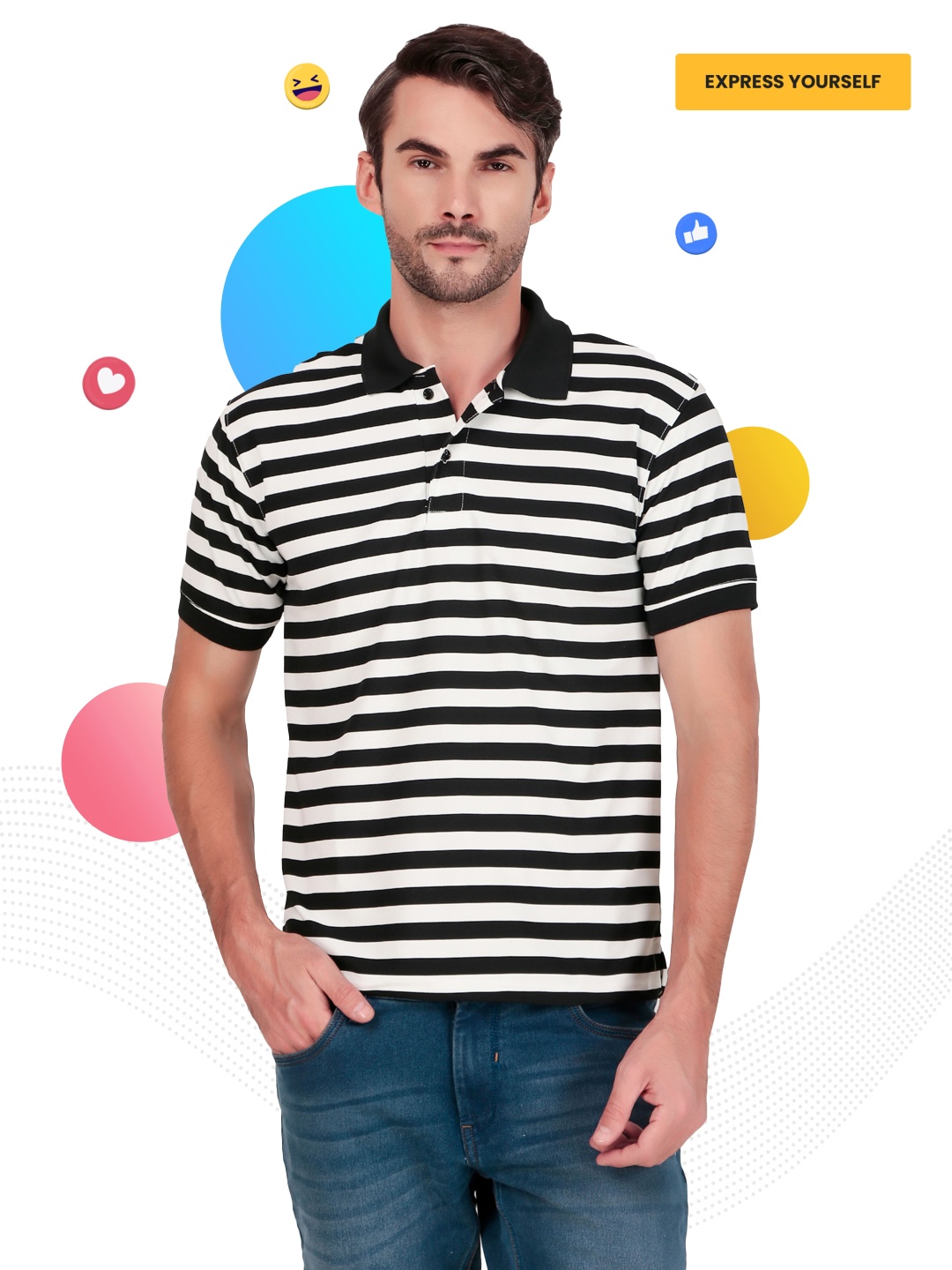 

BAESD Men Striped Polo Collar Applique T-shirt, Black