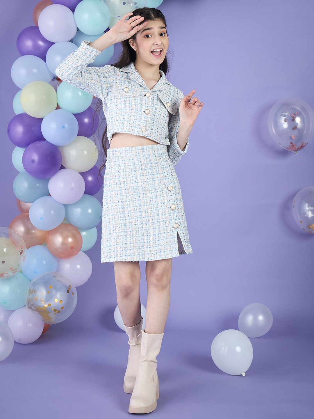 

Cherry & Jerry Girls Checked Three-Quarter Sleeves Coat With Skirt, Blue