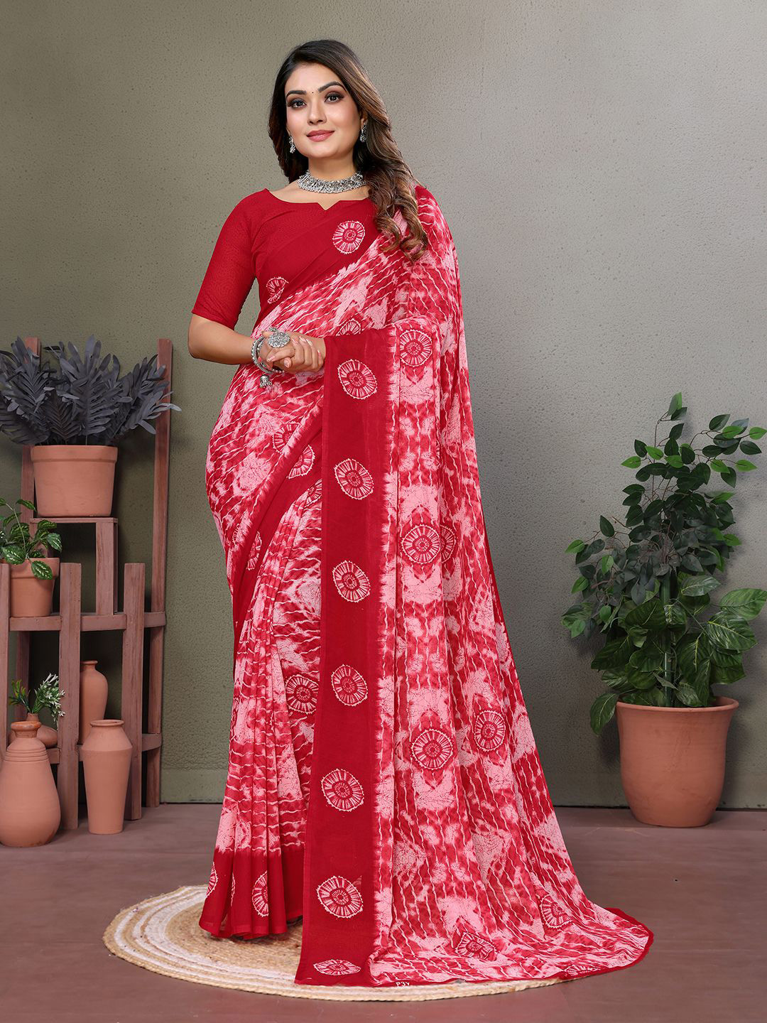 

Moda Rapido Tie and Dye Printed Saree, Red