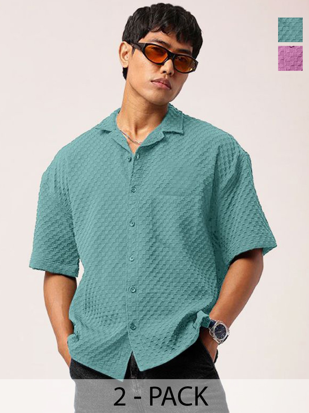

SZN Men Pack Of 2 Standard Relaxed Fit Cuban Collar Textured Casual Shirts, Green