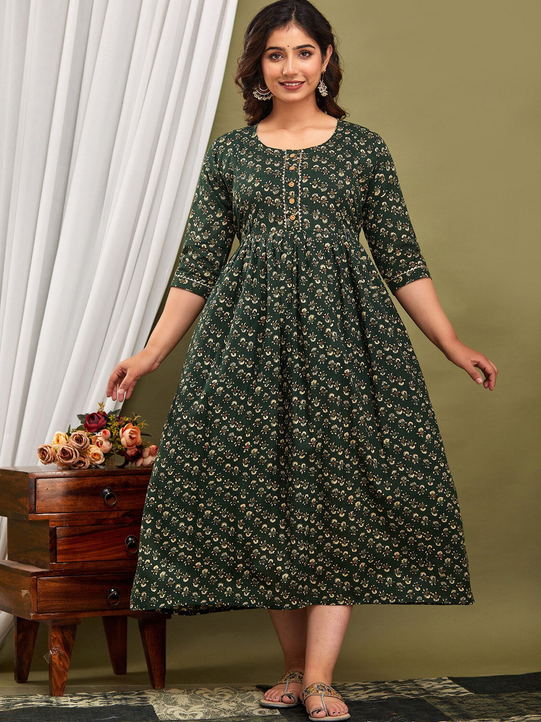 

UrbanRang Women Floral Printed Maternity Cotton Fit and Flare Midi Dress, Green