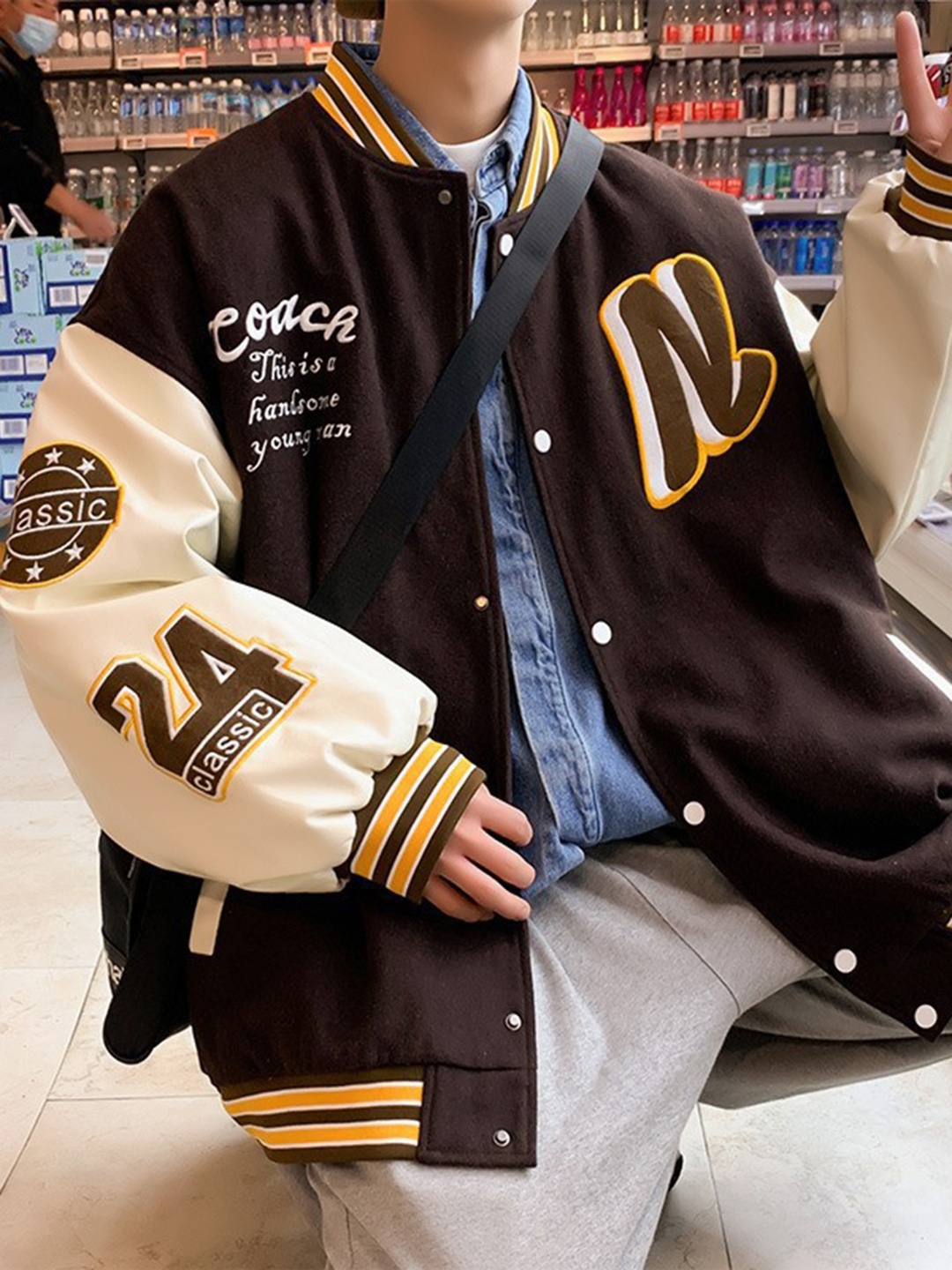 

HERE&NOW Men Typography Colourblocked Synthetic Varsity Jacket, Brown