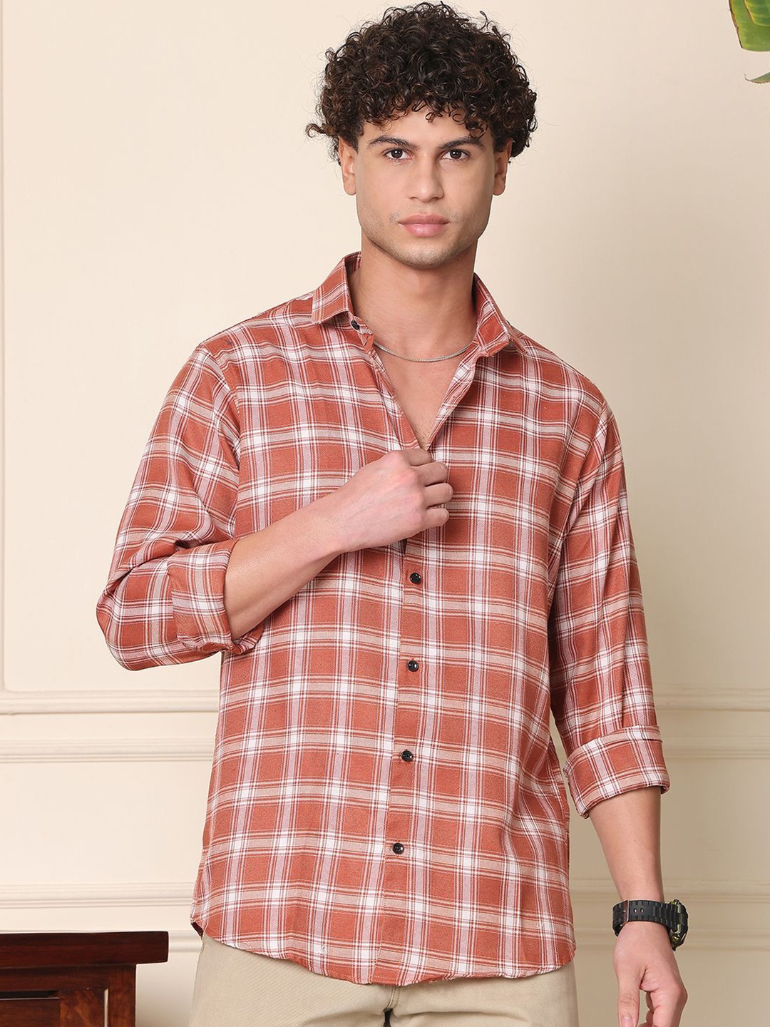 

Tanip Men Spread Collar Tartan Checked Cotton Casual Shirt, Rust