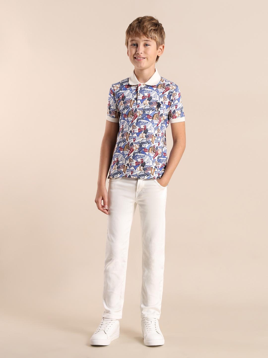 

U.S. Polo Assn. Kids Boys Brand Logo Printed Polo Collar Pockets T-shirt, White