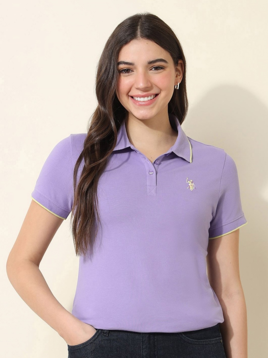 

U.S. Polo Assn. Women Regular Fit Solid Polo Collar Cotton T-shirt, Lavender